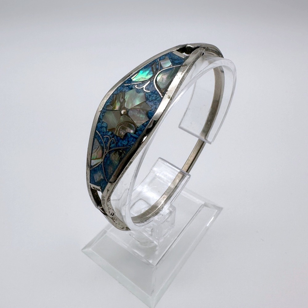 Vintage Alpaca Mexico Women Bangle Bracelet Blue Abalone Shell Inlay Floral Boho